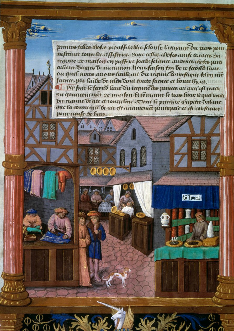 Egy rue de Paris visszhangokkal a 16. század elején Kéziratos oldal a „Livre du Gouvernement des Princes”-ből” Romain Gilles (16. század) Párizs, Bibliotheque de l