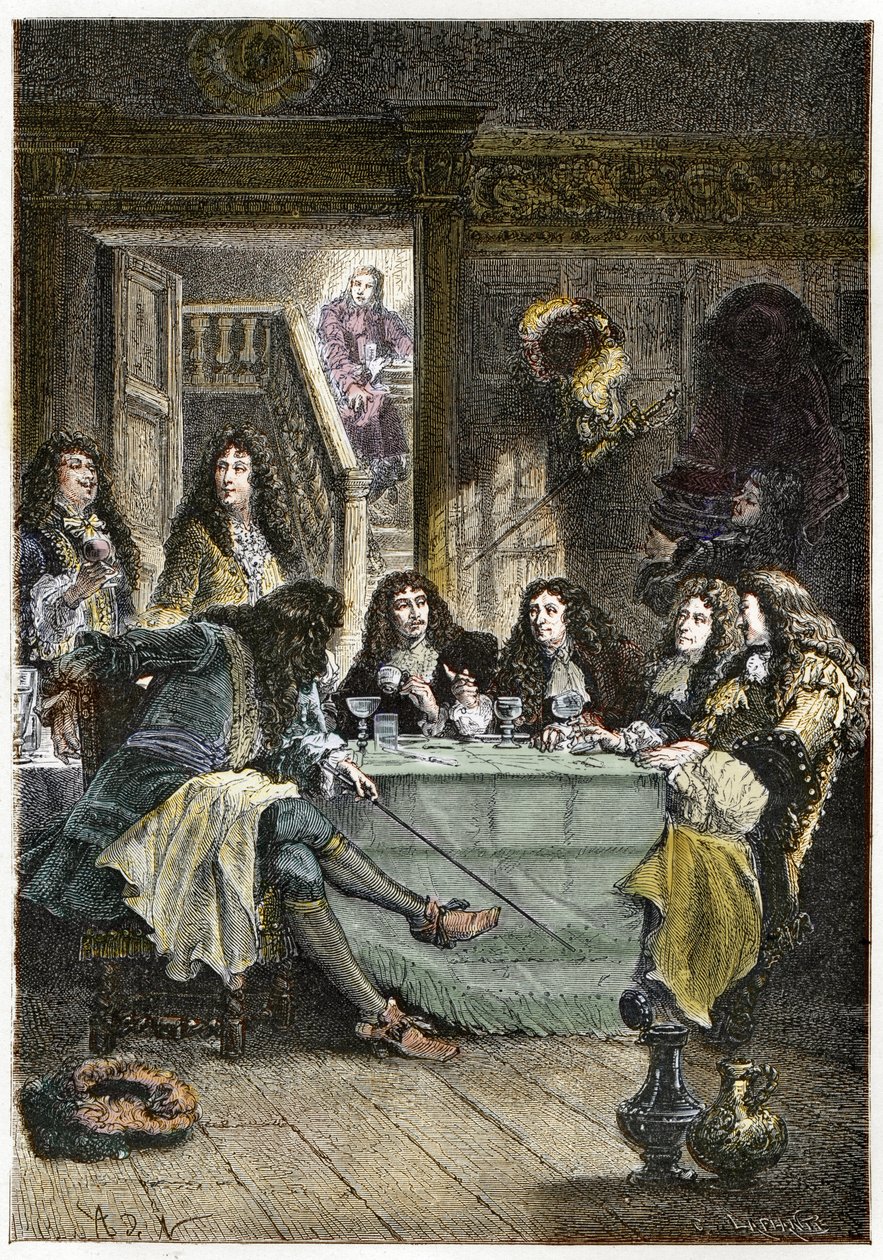 Szalon (Cabaret), amely összehozza Jean de La Fontaine (1621-1695), Nicolas Boileau-Despreaux (Boileau Despreaux) (1636-1711), Jean Baptiste Poquelin dit Moliere (1622-1673) drámaírót és Jean Racine költőt (1622-1673). 1639-1699) – A szökőkút, Boilea alkotó: French School