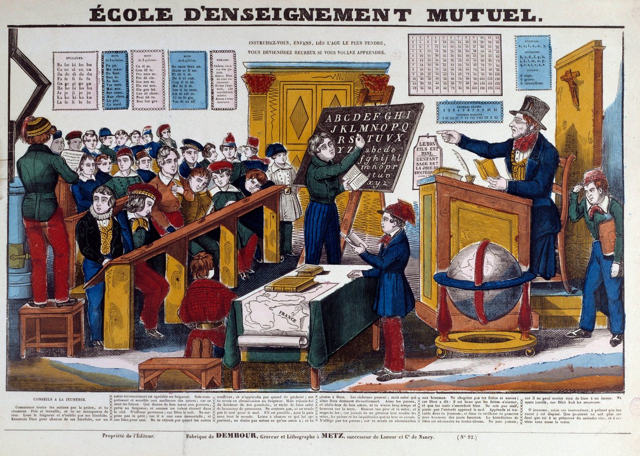 A kölcsönös nevelés iskolája, amelyet 1815 körül vezettek be Franciaországban. Metszet a 19. századból Párizs, Musee Carnavalet alkotó: French School
