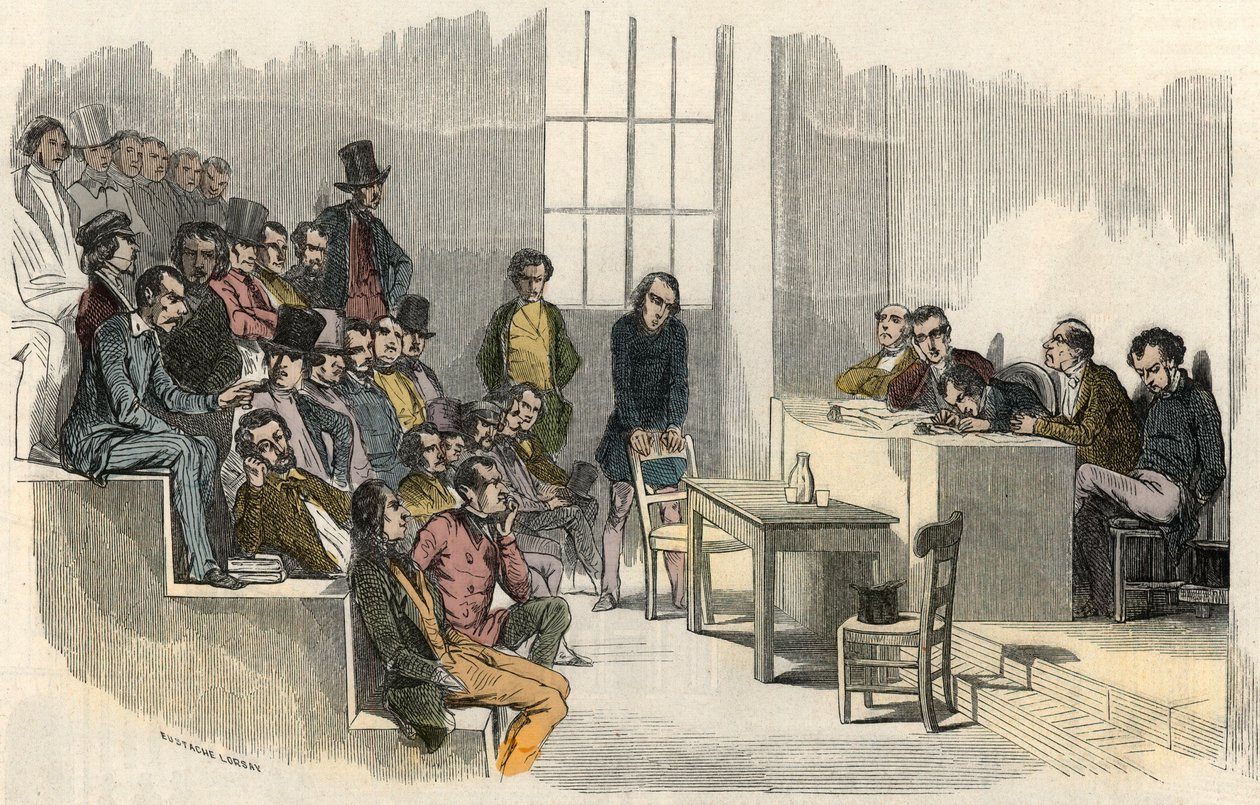 A 19. századi párizsi Sorbonne-i gyűjtőverseny szeánsza – Edmond Texier 1852-ben készült metszet „Tableau-de-Paris”-ban alkotó: French School