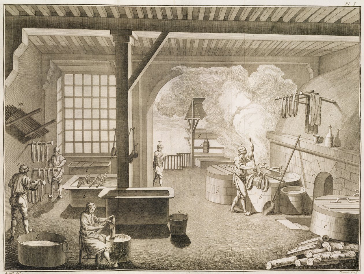 Egy selyemfestő műhely, Denis Diderot (1713-84) Encyclopedie des Sciences et Metiers-ből, 1770 körül. alkotó: French School