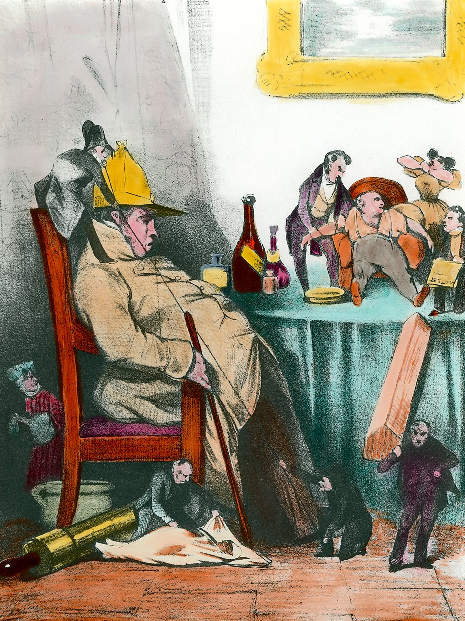 Ülő hipochonder, aki a következő halálára gondol. Illusztráció Jean Baptiste Poquelin dit Moliere (1622-1673) „Le malade imaginaire” című darabjához 19. századi magángyűjtemény alkotó: French School