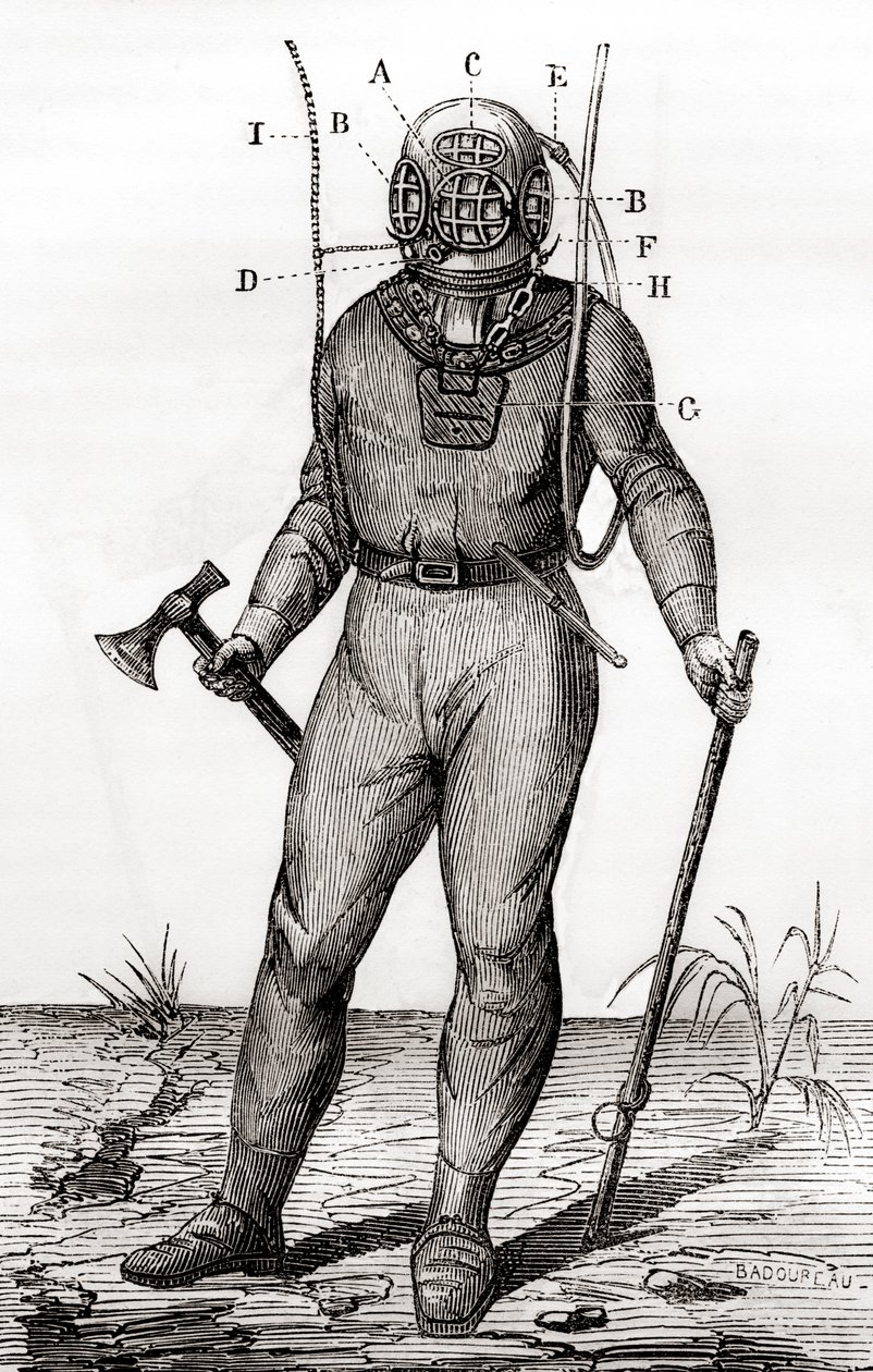 Egy szabványos búvárruha, amelyet Joseph-Martin Cabirol 1855-ben szabadalmaztatott, a „Les Merveilles de la Science”-ből, 1870 körül megjelent (metszet) alkotó: French School