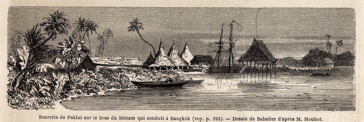 Paklat cukorgyára Thaiföld fő folyója, Menam ágánál, Sabatier rajza Henri Mouhot 1858-tól 1861-ig tartó Sziámi, Kambodzsa és Laosz királyságába vezető utazásának illusztrálására. ”, szerkesztette Edouard Charto alkotó: French School