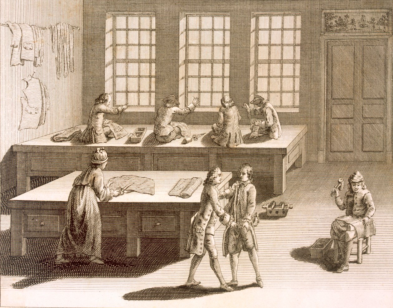 Egy szabóműhely Denis Diderot (1713-84) Encyclopedie des Sciences et Metiers-ből, 1770 körül. alkotó: French School