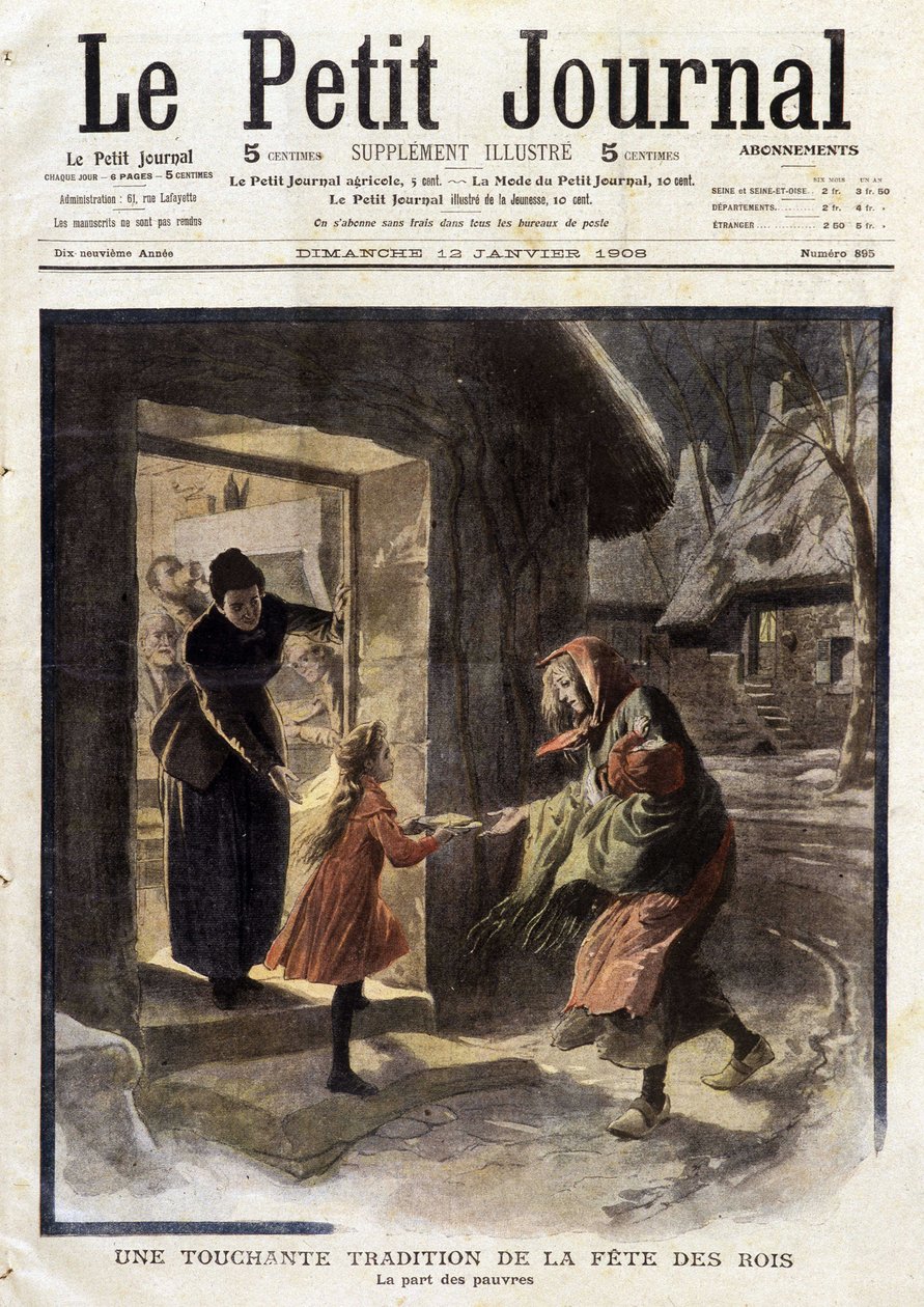 A királyok ünnepének megható hagyománya: a szegények részesedése - a „Le Petit Journal” 1908.12.01.-ben (metszet) alkotó: French School
