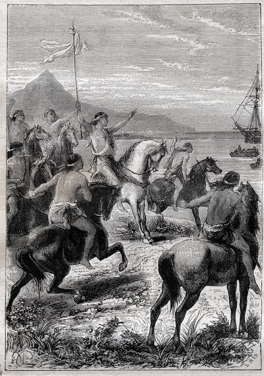 Egy csapat lóháton fehér zászlót viselt: John Byron admirálist (1723-1786) Cape des Virgins bennszülöttei fogadták a Magellan