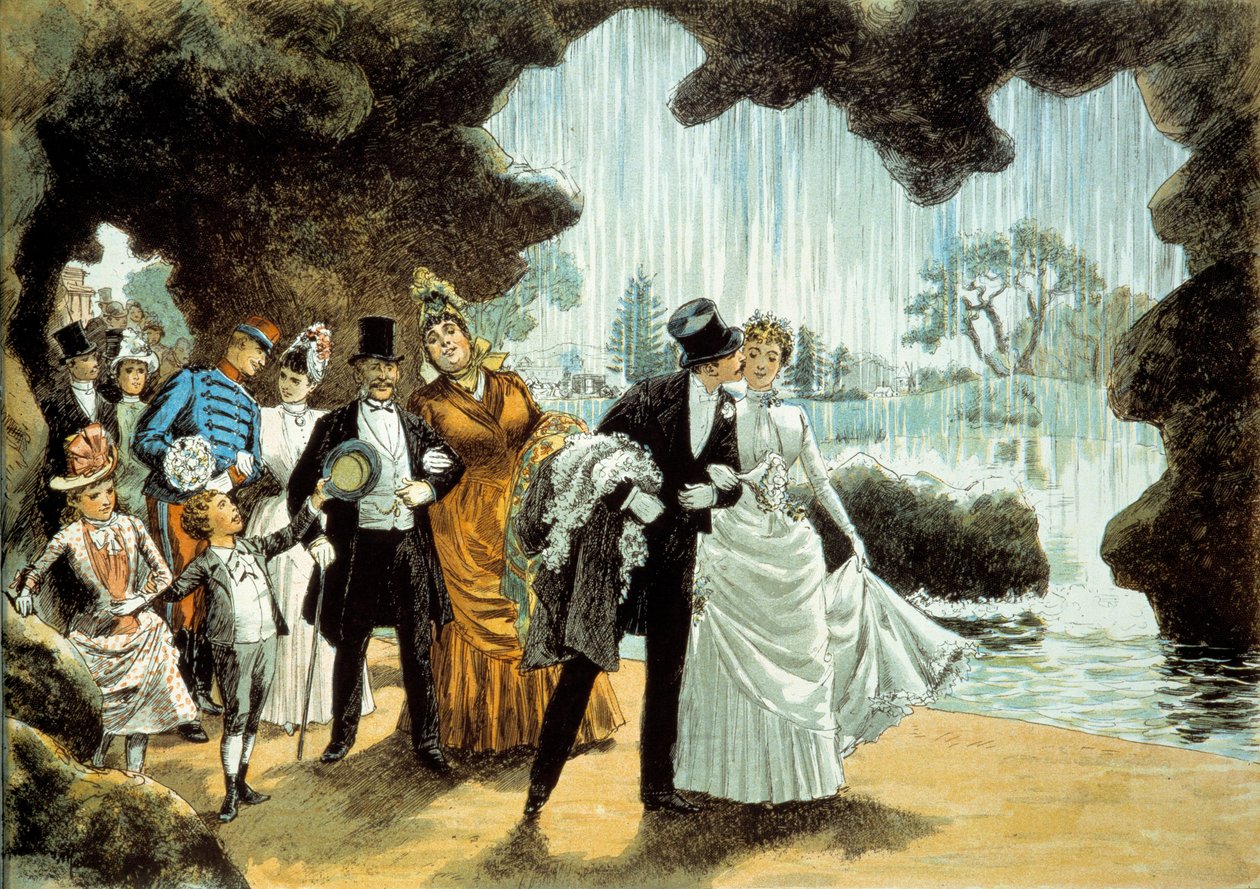 Egy esküvőnek vízesése van. Házaspár a Parc des Buttes Chaumont-ban (). Nyomat a 19. század végéről Magántulajdonban lévő gyűjtemény alkotó: French School