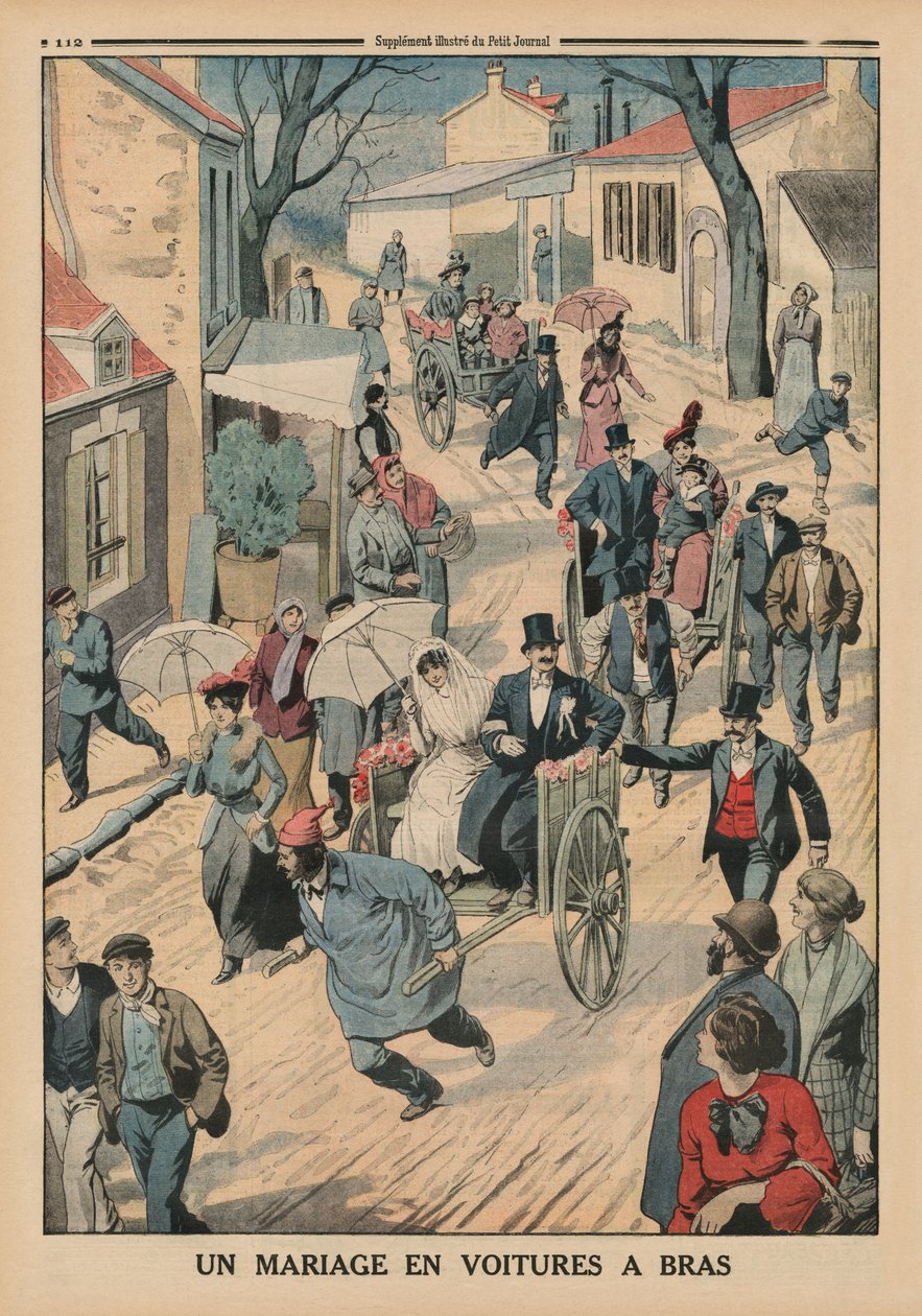 Esküvő kézikocsikon, a hátsó borító illusztrációja a Le Petit Journalból, Illustre melléklet, 1914. április 5. alkotó: French School
