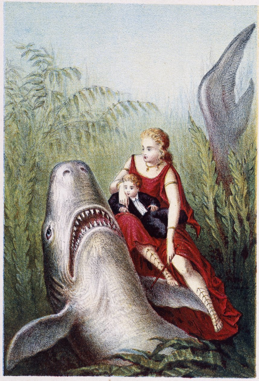 Egy nő és egy fiú cápán lovagolnak – H. de la Blanchère „Utazás a tenger fenekére” című filmjében. Paris, szerk. Jouvet et Cie, sd. 1880. alkotó: French School