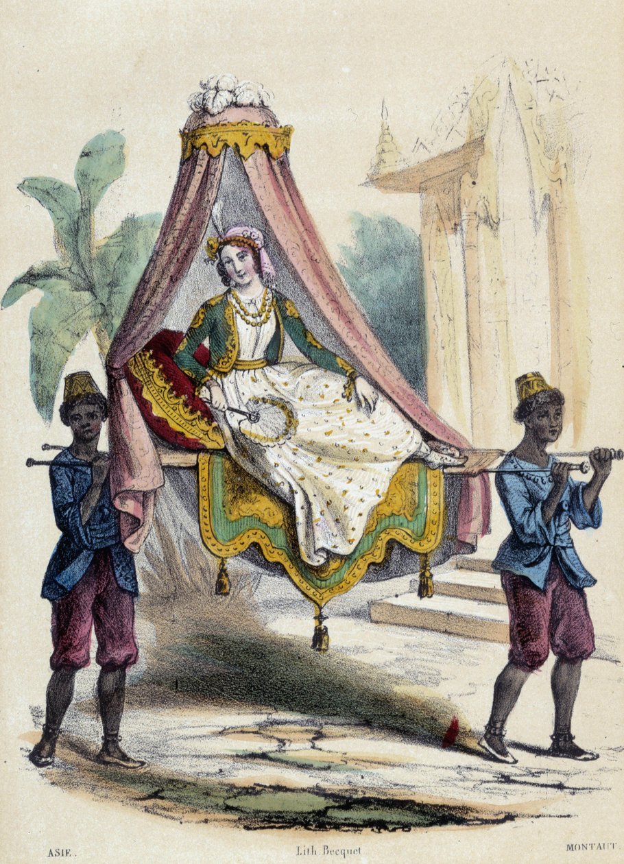 Egy nő, akit 2 szolga vitt palankinban; Ázsia illusztrációja, M. E. Fouinet „The twelve Nations” című könyvében alkotó: French School