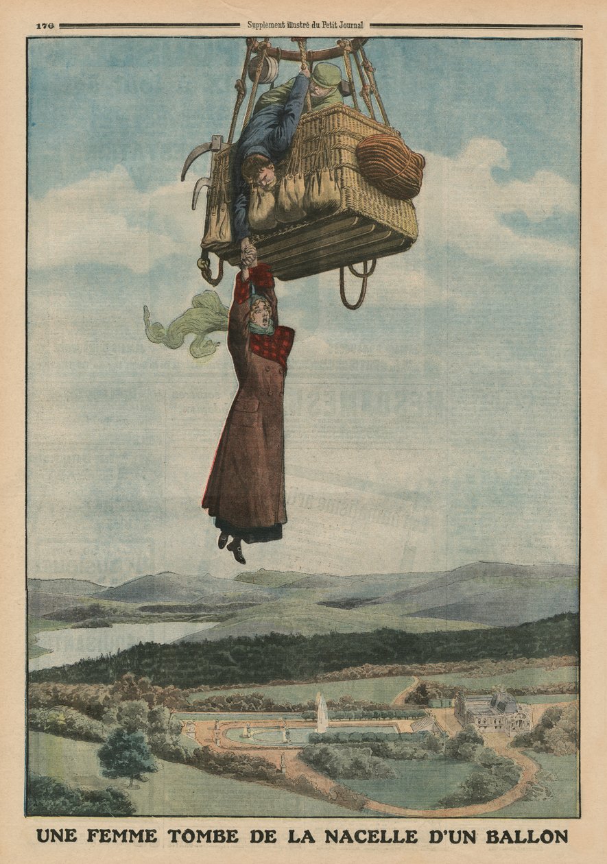 Egy nő lezuhan a léggömb gondolájából, a hátsó borító illusztrációja a „Le Petit Journal”-ból, mellékillusztráció, 1913. június 1. (színes litó) alkotó: French School