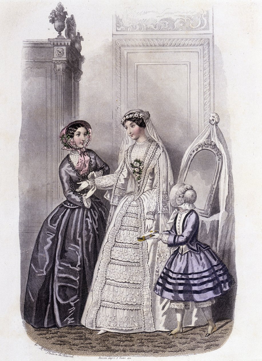 Egy nő esküvői ruhában, körülötte egy lány és egy hölgy – a „Journal des Demoiselles” című könyvben, 1852. alkotó: French School