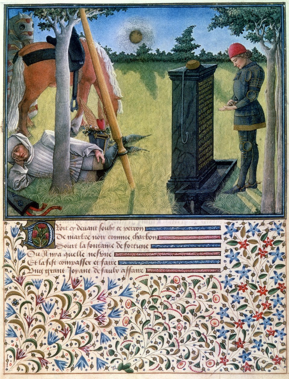 Egy fiatal lovag áll a sírkő előtt, miközben szolgája a lovaik mellett alszik, Rene dAnjou Livre du Coeur dAmours Espris című művéből, 1465 alkotó: French School