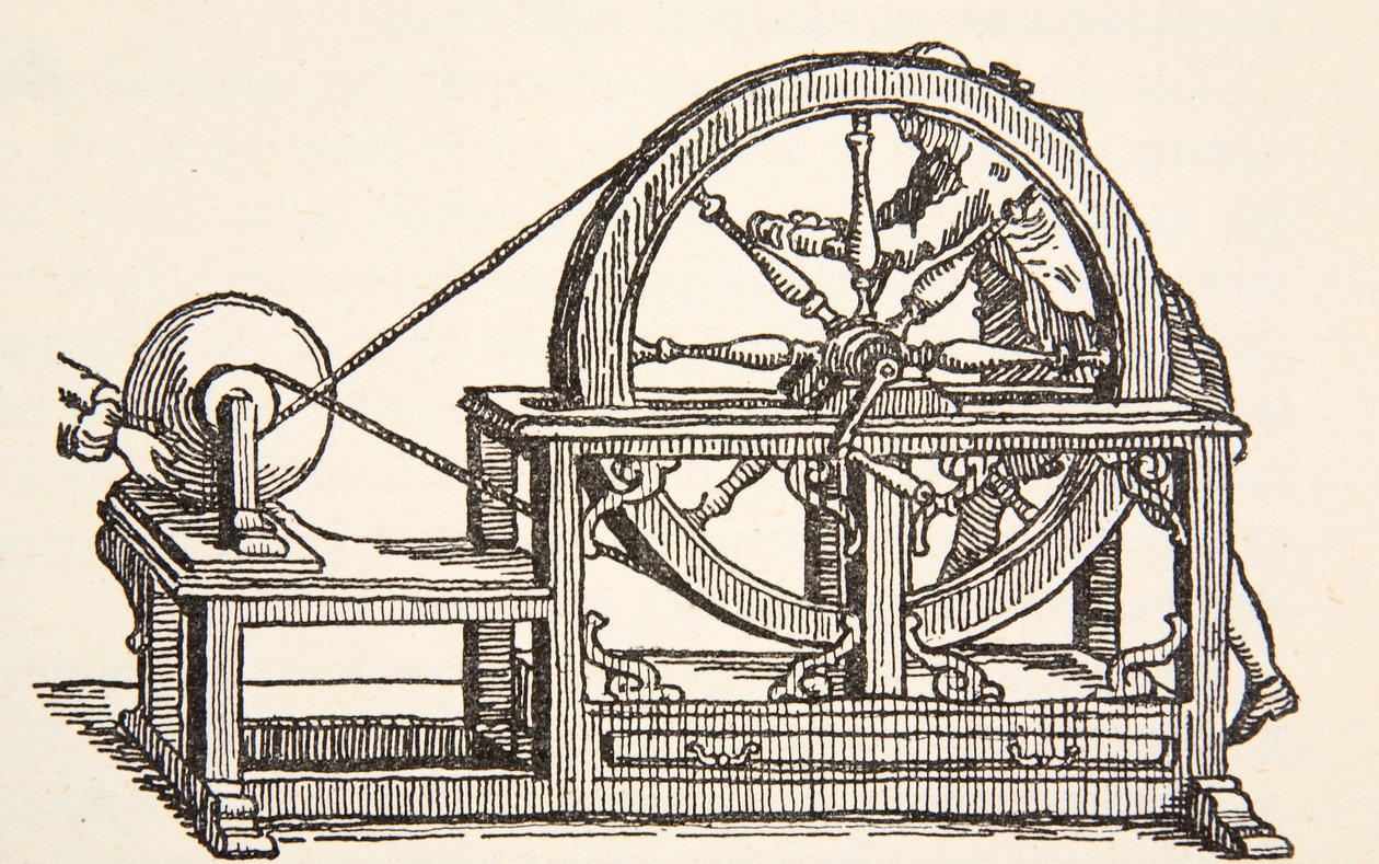 Abbe Nollets elektromos gép, 1746, Boris Mestchersky (†1957) másolata, illusztrációja a Histoire de la Nation Francaise, Sciences, I. és II. kötetből, Gabriel Hanotaux (1853-1944), 1924 alkotó: French School