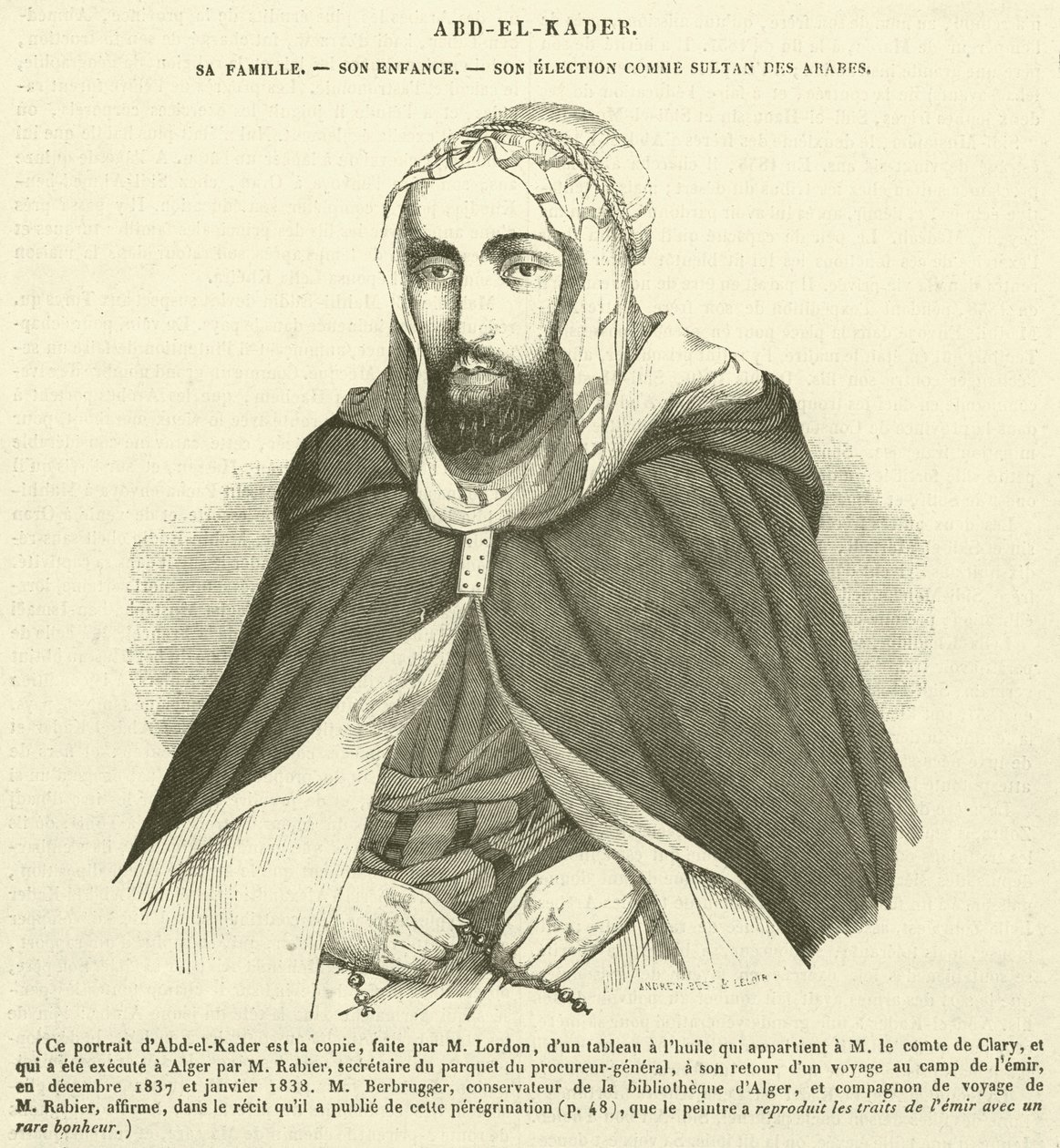 Abd-el-Kader, családja, gyermekkora, megválasztása az arabok szultánjává (metszet) alkotó: French School