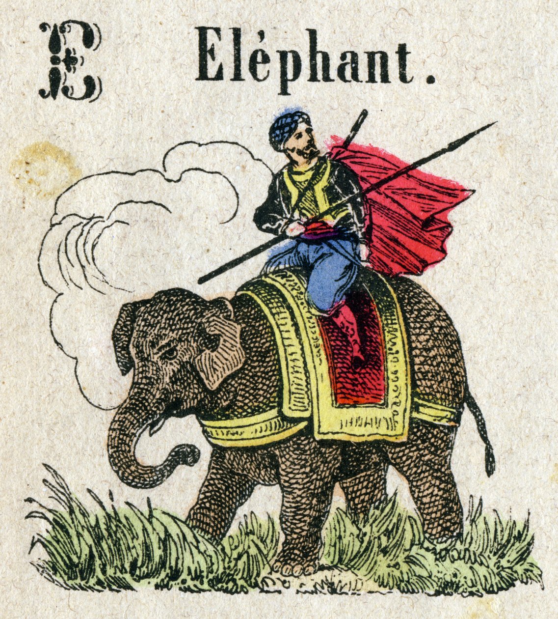 Abecedary. E betű, mint az elefánt. Kis enciklopédikus ábécé, népszerű sorozat. Epinális képalkotás, 19. század vége alkotó: French School