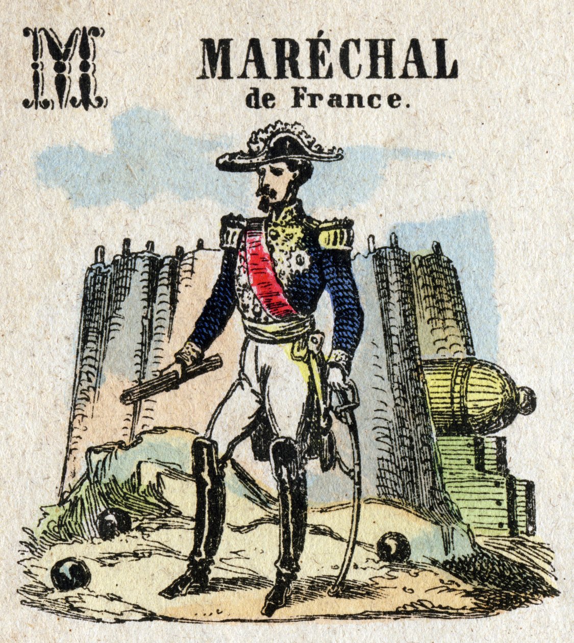 Abecedary. M betű, mint a francia Marecal. Kis enciklopédikus ábécé, népszerű sorozat. Epinális képalkotás, 19. század vége alkotó: French School
