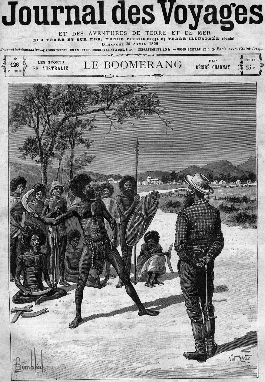Ausztrália őslakosai bumeráng segítségével, 19. század vége. Metszet a „Journal des Voyages” április 30-án alkotó: French School