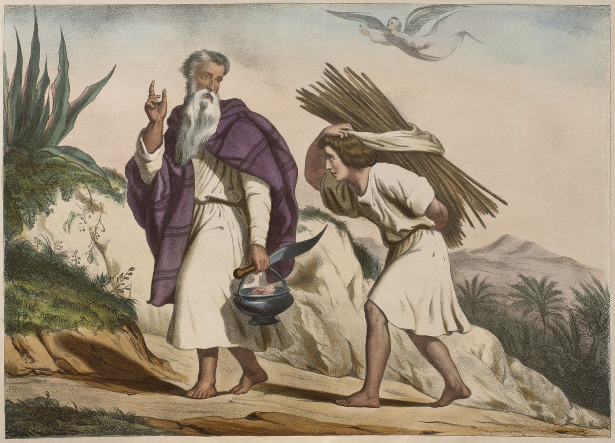 Ábrahám elvitte Izsákot a Mória-hegyre, illusztráció az LHistoire Sainte katekizmusból, Charles Delagrave, Párizs alkotó: French School