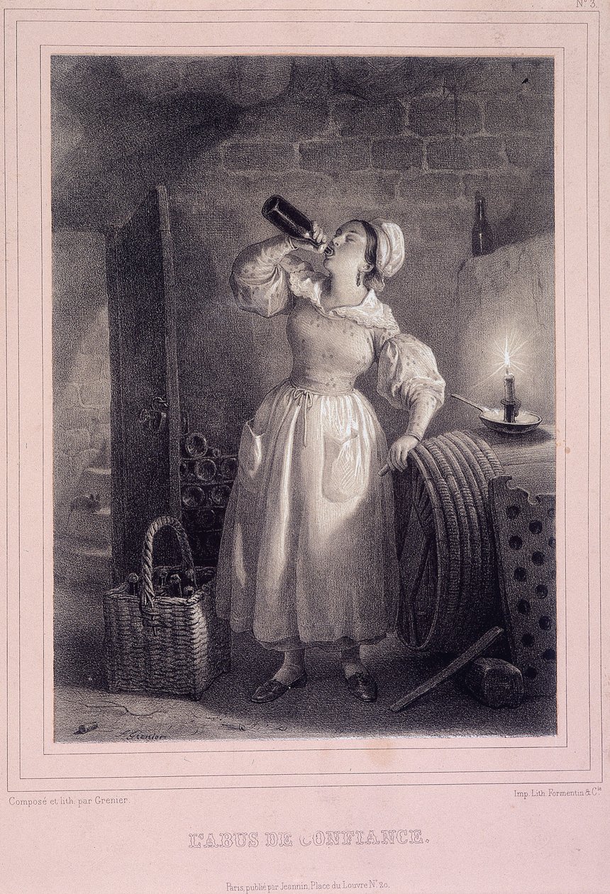 Bizalommal való visszaélés (házi borivás a pincében) - litográfia alkotó: French School