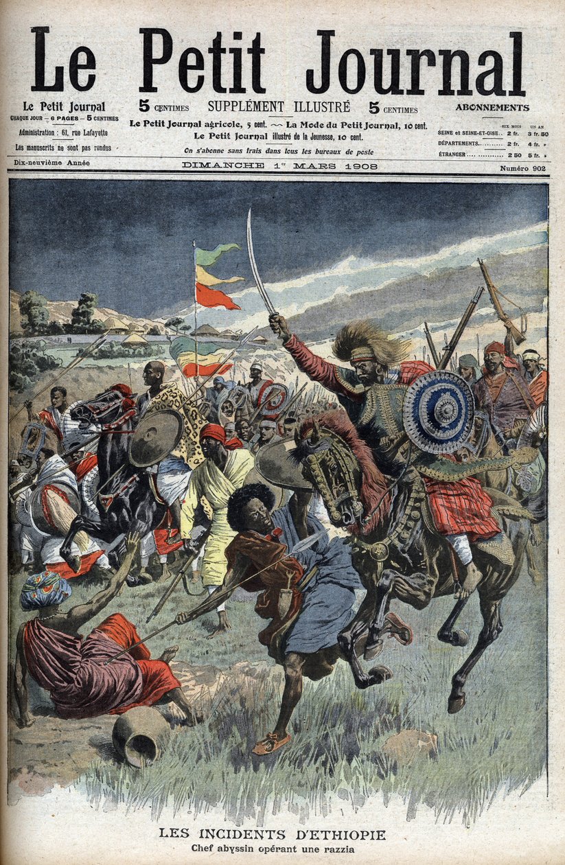 Abesszin főnök egy rajtaütésen, Etiópia, 1908. március (az abesszin keresztények harcolnak muszlim szomáliákkal az Etiópia-Szomália határon) a Le Petit Journalból (metszet) alkotó: French School