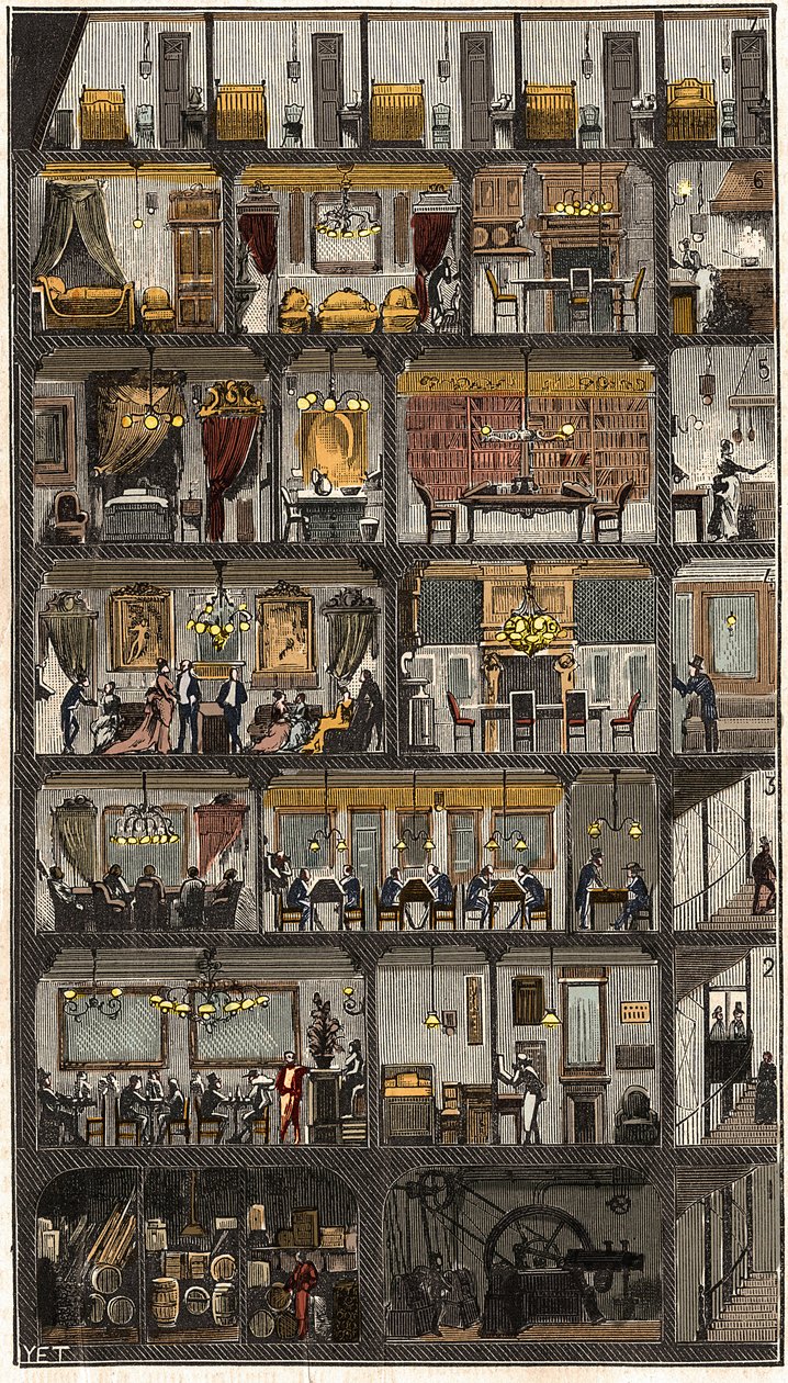 Szállás Párizsban - Egy párizsi ház keresztmetszete 1885 - Egy párizsi ház keresztmetszete 1885-ben. A „” La Nature-ben. A tudományok áttekintése és alkalmazásaik a művészetben és az iparban.” alkotó: French School