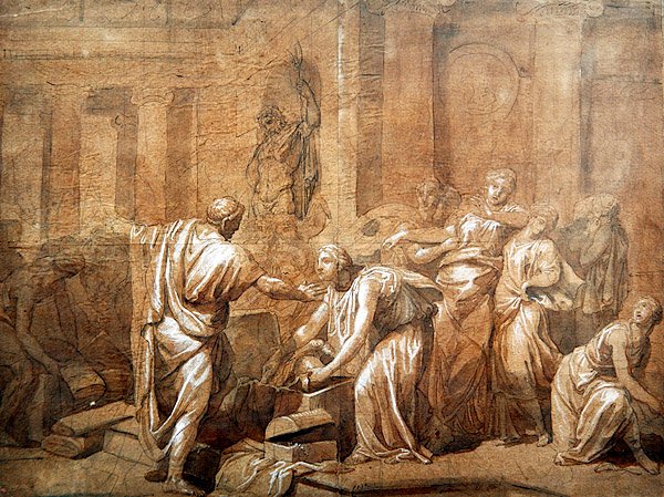 Achilles páncélját a lányok fedezték fel, 1790 körül (toll és tinta szépia mosással a papíron) alkotó: French School