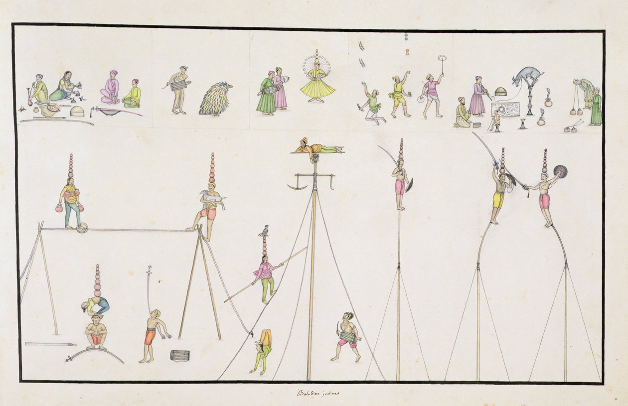Akrobaták, zsonglőrök, megszemélyesítők, szórakoztatók az 1774-ben megjelent Gentil albumból alkotó: French School