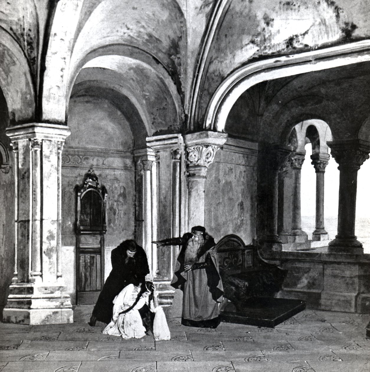 IV. felvonás, Debussy Pelleas et Melisande 2. jelenete, a párizsi Opera-Comique opera 1902. áprilisi első előadásának fényképéről, illusztráció a Theater magazinban, 1902. június (l) alkotó: French School