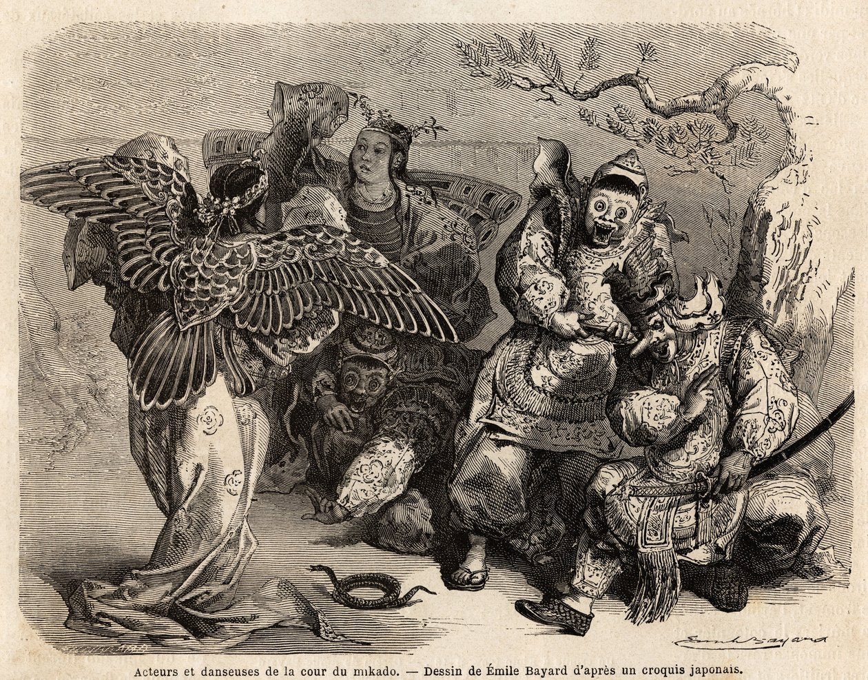A Mikádó udvarának színészei és táncosai színpadi jelmezben. Aime Humbert, a Svájci Államszövetség miniszterének 1863-1864-es japán útját illusztráló metszete, a "Le tour du monde, nouveau journal des voyages" című, az Ed alkotó: French School