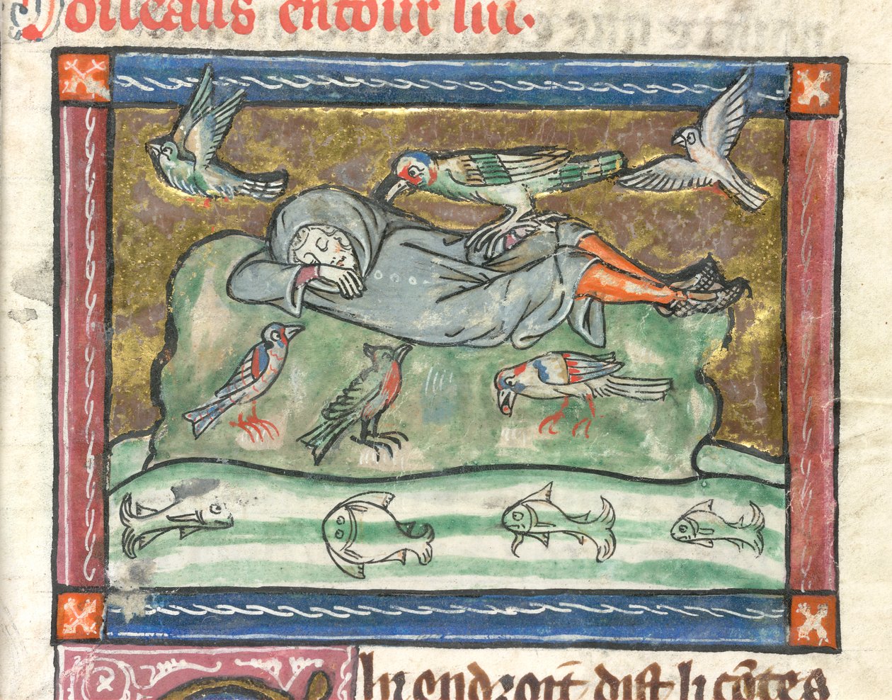Hozzáadás. 10292, f.29 Egy alvó ember madarakkal körülvéve, illusztráció a 