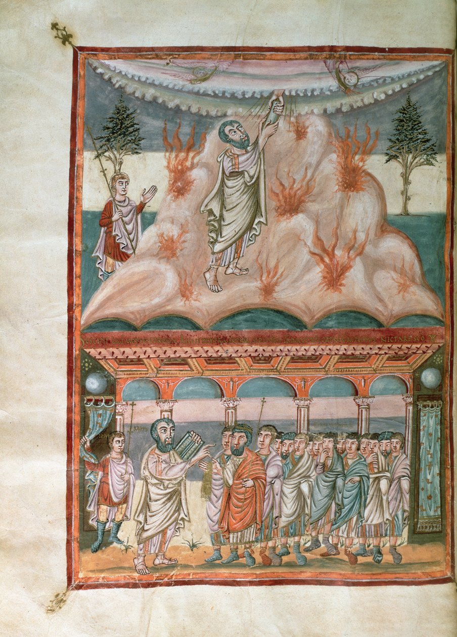 Adja hozzá 10546 f.25b Mózes Isten törvényét a Sínai-hegyen, a Moutier-Grandval Bibliából, megvilágítva a St. Martin Karoling-apátságban, Toursban, 834-843 körül (vellum) alkotó: French School