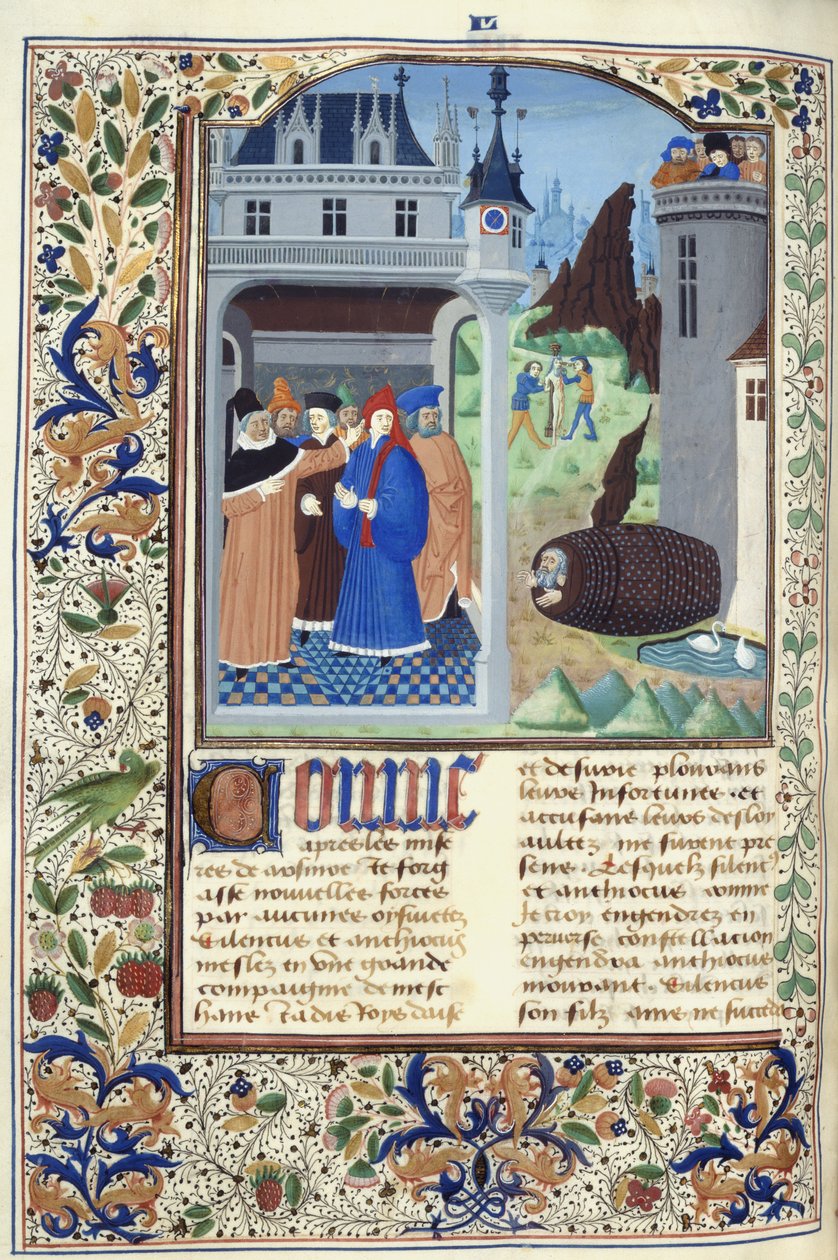 Hozzáadás. 11696, f.136v Boccaccio, aki kínzást figyel meg, Giovanni Boccaccio „Le Livre des Cases des Nobles et Illustres Hommes” című művéből, 1470 körül (tinta, szín és arany pergamen) alkotó: French School