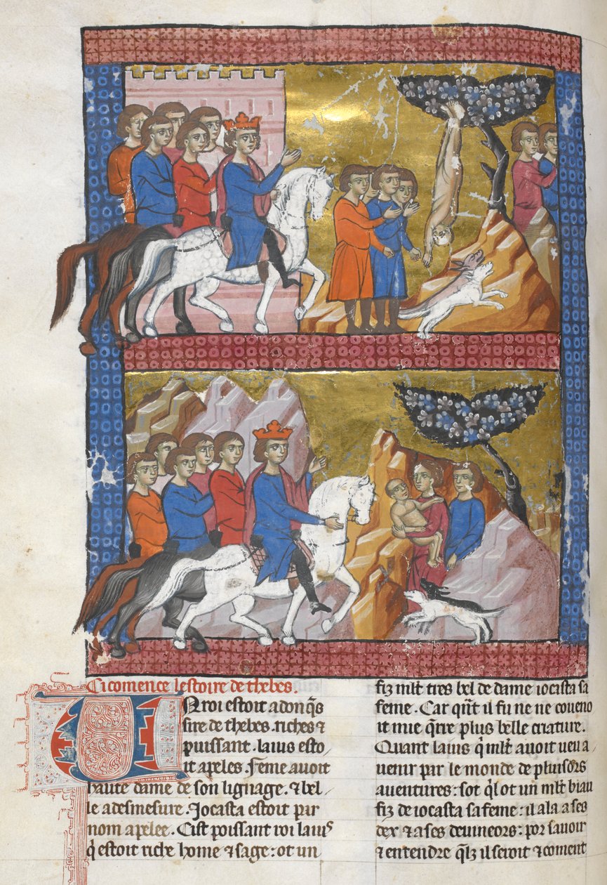 Hozzáadás. 15268, f.75v Oidipusz, Polibus, Korinthosz királya találta, illusztráció a „Le Livre des ansienes estoires”-ból, 1285 körül (vellum) alkotó: French School
