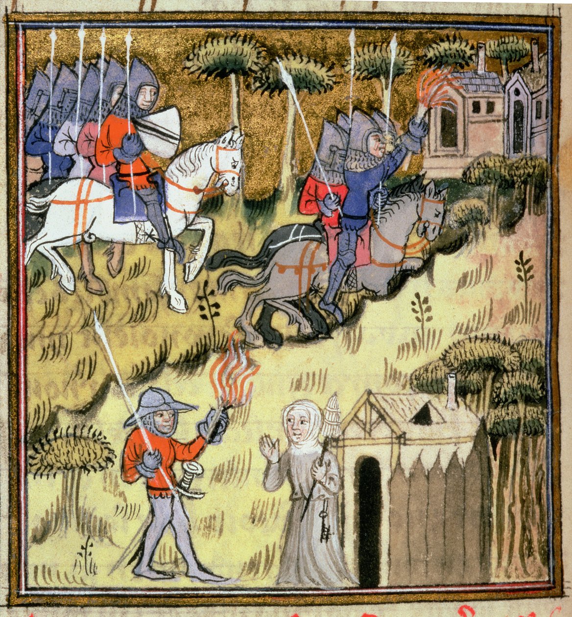 Add 15269 f.178v Cavalry setting light to buildings with flaming torches; a nun protecting her abbey from a soldier, c.1380   1353444   hu       hungarian Successfully Translated  Original: Virgin and Child with Saints Jerome and Bartholomew Translat: Virg alkotó: French School