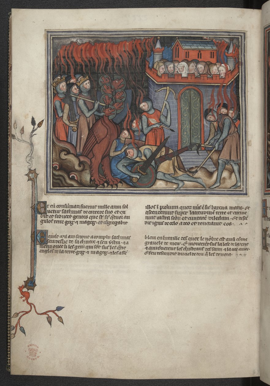 Add hozzá 17333, f.42v, a mennyei seregek miniatűrje a sárkánnyal harcban (Jelenések XIX:19-20), az Apokalipszisből (a „Val-Dieu Apokalipszis”), 1320-30 körül (pergamen) alkotó: French School