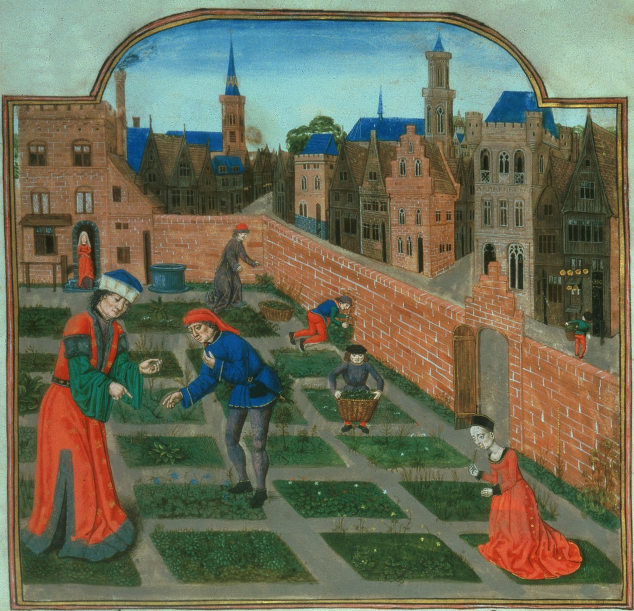 19720 hozzáadása f.165 Fallal körülvett városi kert, Pietro de Crescenzi (1230-1320) „Livre des Profits Ruraux” című művéből (vellum) alkotó: French School