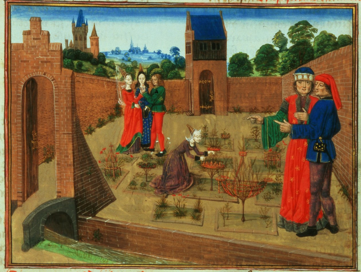 19720 fol.214 Falakkal körülvett kert kertészkedő nővel és másokkal pletykálkodó nővel, a Livre des Prouffits Champetres et Ruraulx-ból, Pietro de Crescenzi (1230-1320) (vellum) alkotó: French School