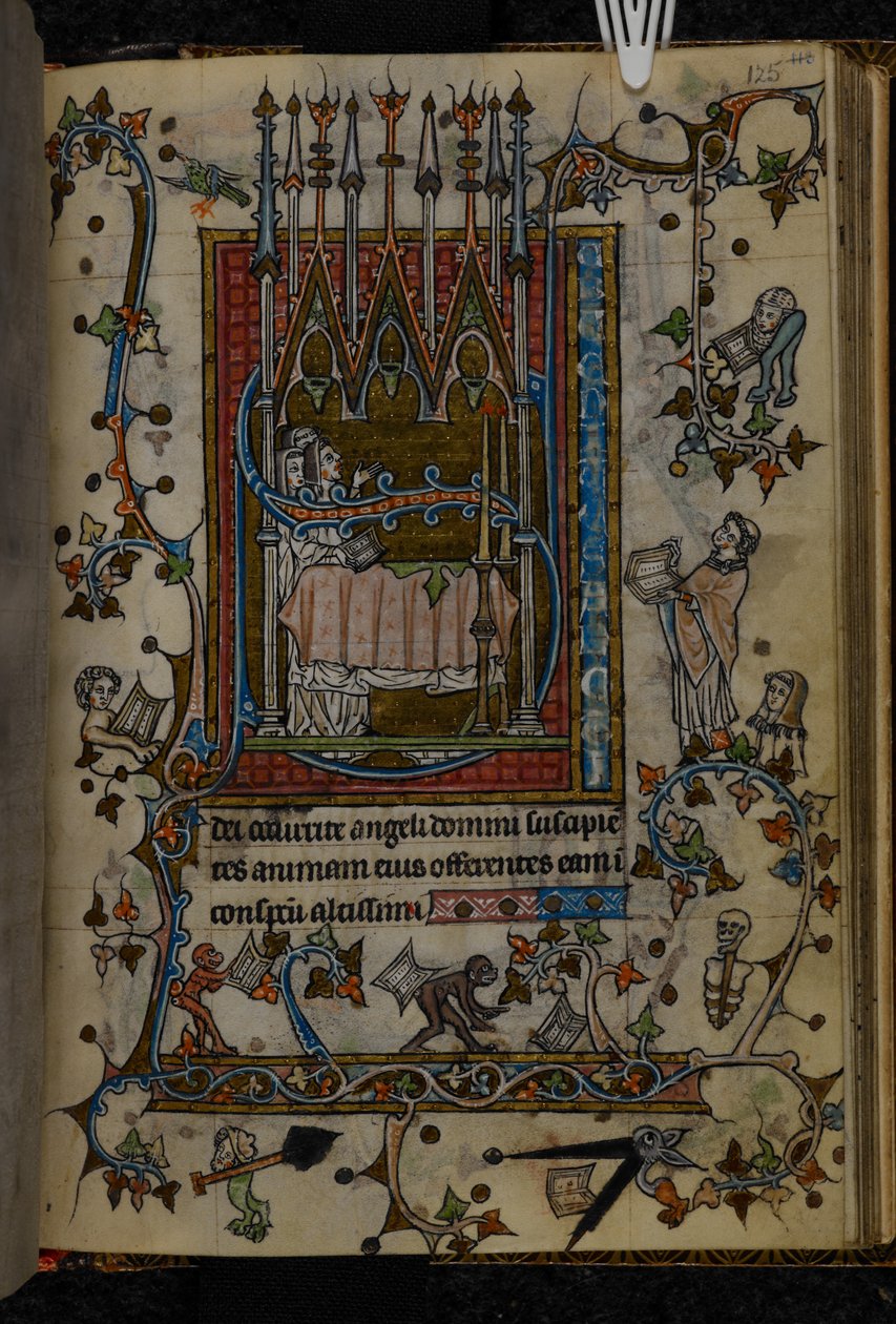 Hozzáadás. 36684, f.125 „Három szerzetes énekel a koporsó előtt” Oldal az „Órák könyvéből, Szent Omer használata”, 1320 körül (vellum) alkotó: French School