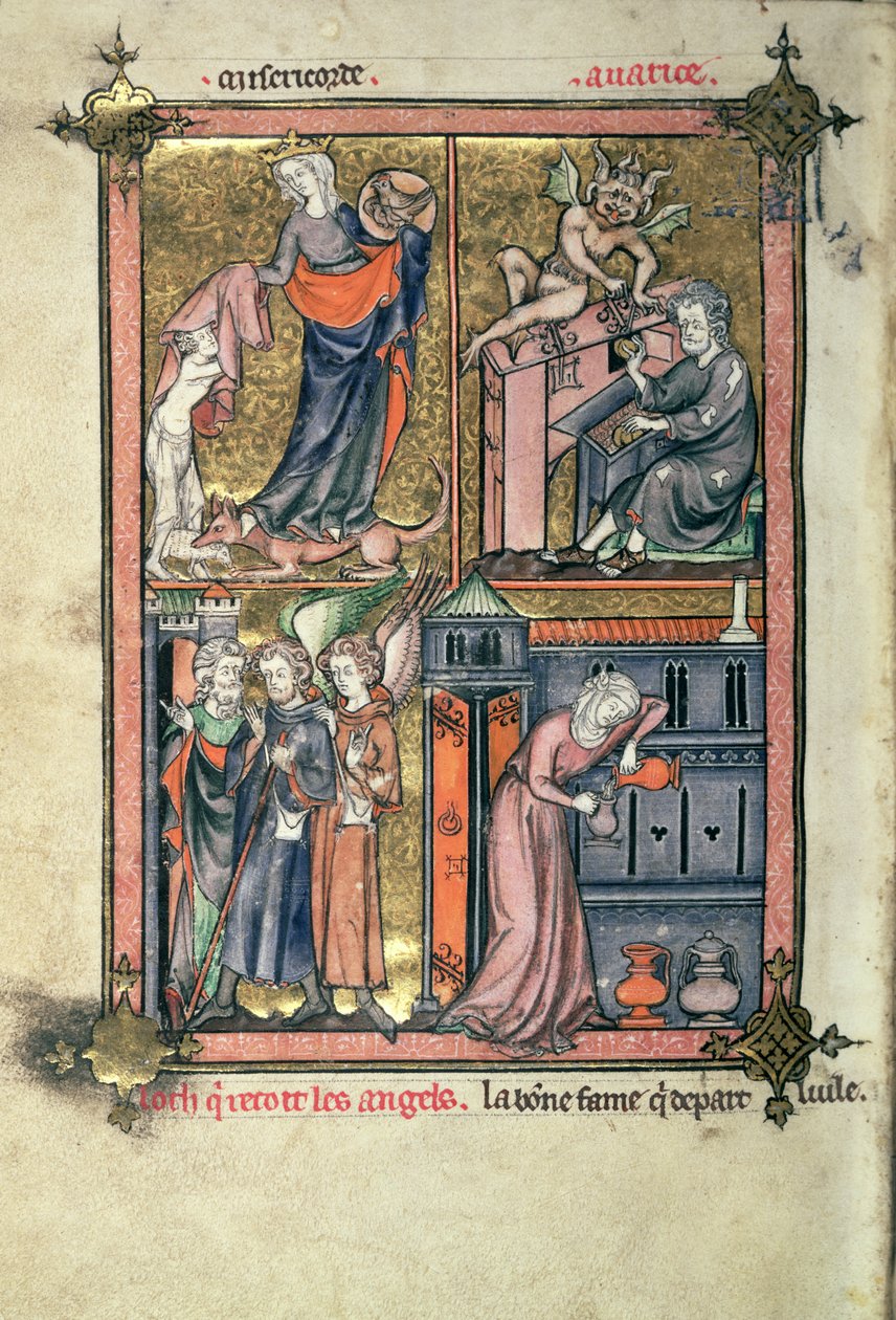 Add hozzá 54180 f.136b Irgalmasság és kapzsiság, Lót és az angyalok; az Özvegy és olaja, Frere Laurent „La Somme le Roy” című művéből, Maitre Honore (vellum) megvilágításával alkotó: French School
