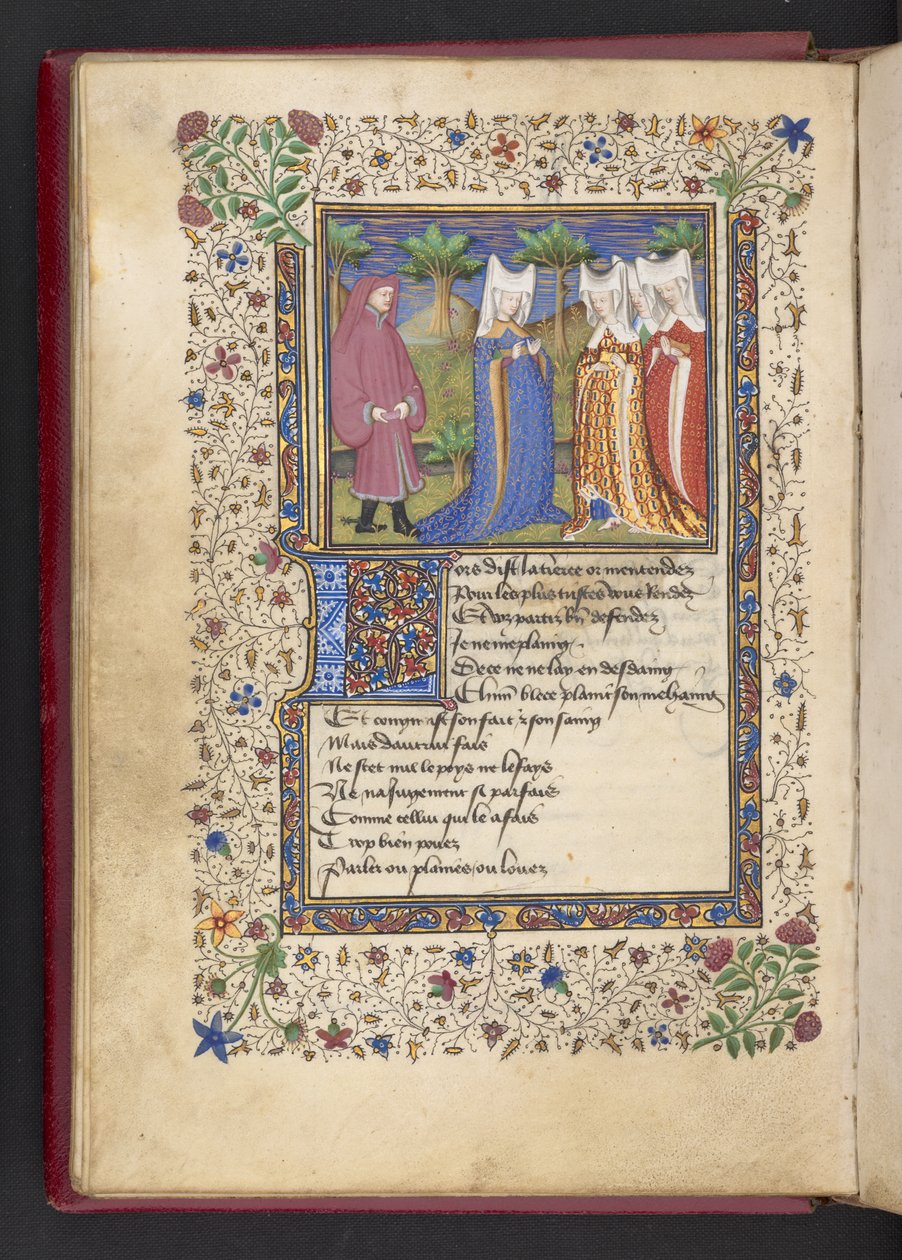 Add hozzá az MS 21247 f.40v-t Egy úriember és három hölgy, Alain Chartier „Le livre des quatre dames” című művéből (tinta, szín és arany pergamen) alkotó: French School