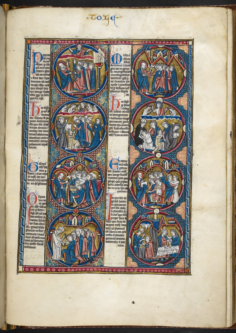 Add hozzá az MS Harley 1527, f.105r miniatúrákat a Biblia moralisée-ből (vellum) alkotó: French School