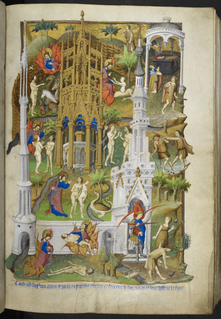 Adja hozzá az Ms 18850 f.14r jeleneteket a teremtésből és a bukásból, Ádám és Éva, valamint fiaik, Káin és Ábel a Book of Hours (The Bedford Hours) c.1410-30-ból (tinta, szín és arany pergamen) alkotó: French School