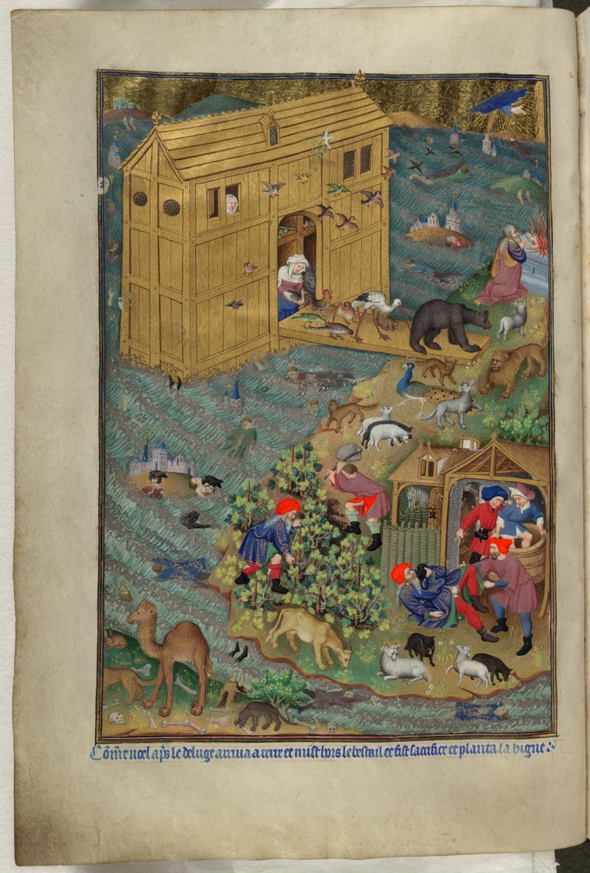 Add hozzá Ms 18850 f.16v, The Exit from the Ark, from Book of Hours (The Bedford Hours) c.1410-30 (tinta, szín és arany pergamen) alkotó: French School