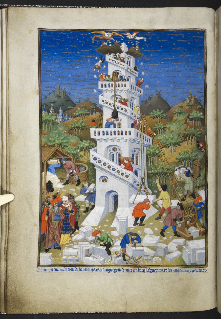 Add hozzá Ms 18850 f.17v Building of the Tower of the Babel, Book of Hours (The Bedford Hours) c.1410-30 (tinta, szín és arany pergamen) alkotó: French School