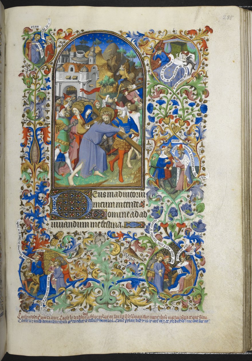 Add hozzá Ms 18850 f.235r, Hours of the Passion [Sext], Krisztus hordozza a keresztet, Book of Hours (The Bedford Hours) c.1410-30 (tinta, szín és arany pergamen) alkotó: French School