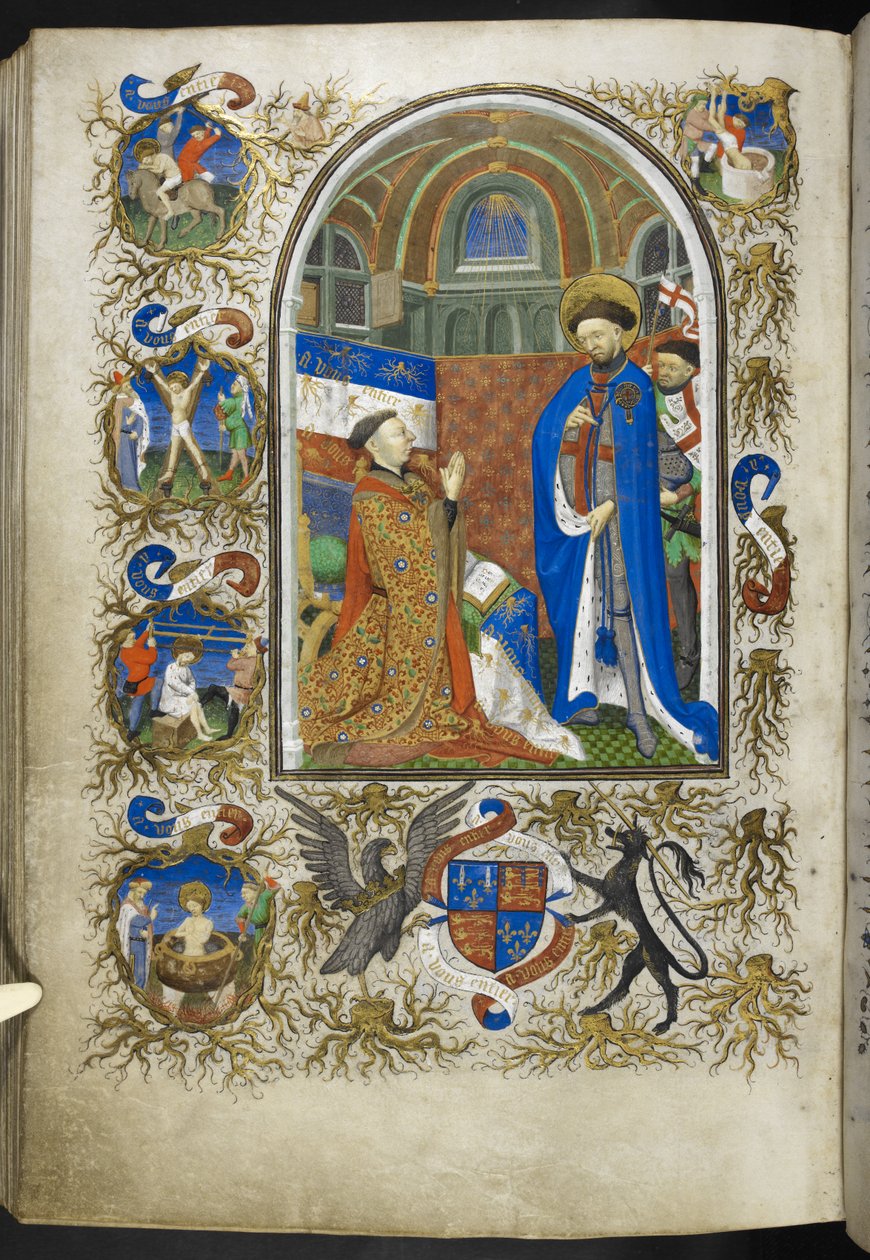 Add hozzá Ms 18850 f.256v, Duke of Bedford before St George, Book of Hours (The Bedford Hours) c.1410-30 (tinta, szín és arany pergamen) alkotó: French School