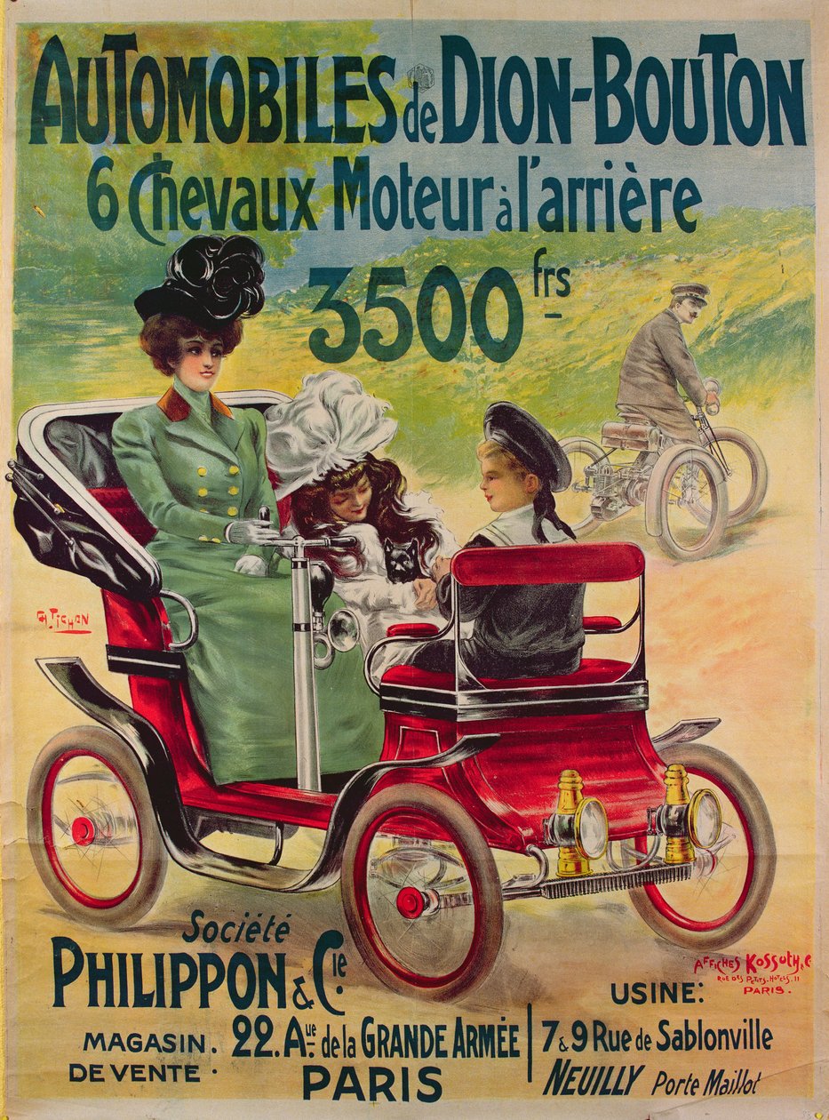 De Dion-Bouton autók hirdetése, 1900 körül alkotó: French School