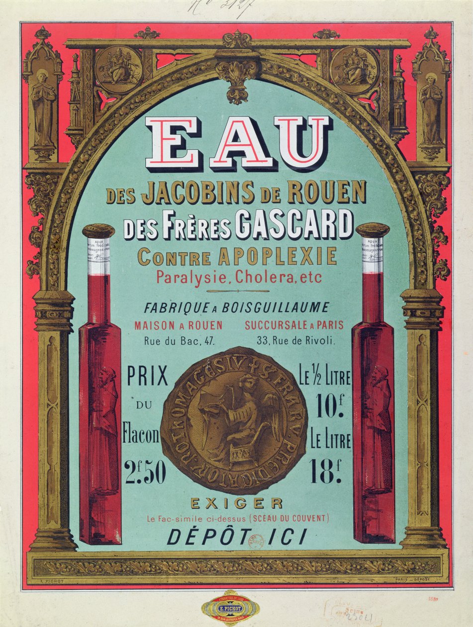 Az „Eau des Jacobins de Rouen” reklámja, XIX. század közepe (színes litó) alkotó: French School